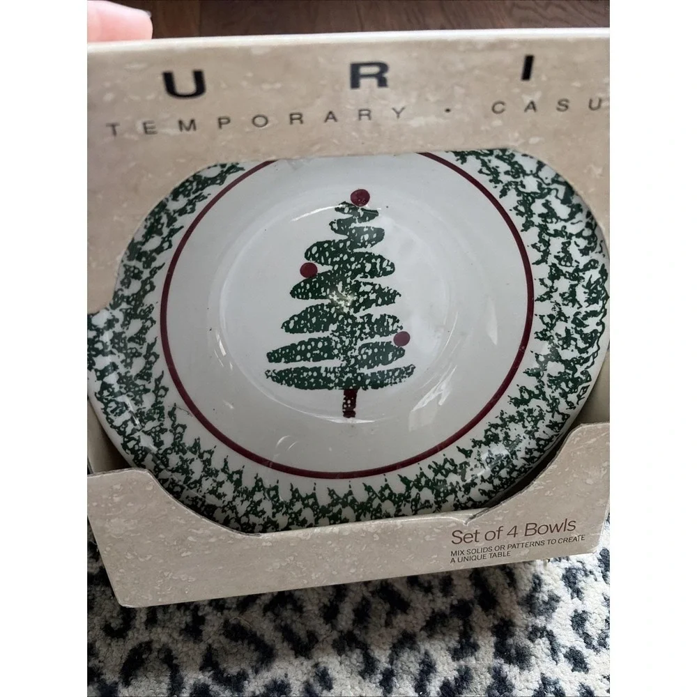 VTG Furio Sponge Christmas Tree Set of 4 Soup Bowls Green Red Band Italy 8